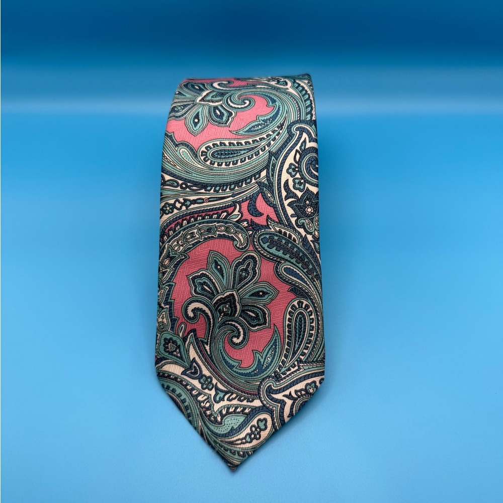 Wembley Vintage Paisley Silk Tie – Teal & Pink Floral Swirl Pattern